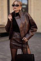 Chic Leather Jacket Midi Skirt Two Piece Set