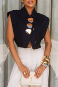 Creative Style Metal Buckle Design Lapel Crop Tank Top