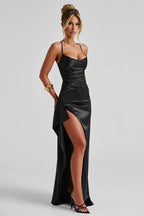 Satin Spaghetti Strap Ruched Drape High Split Bodycon Maxi Mini Dress