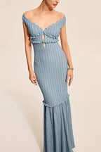 Ribbed Knit Off Shoulder Ruffle Keyhole Mermaid Flare Maxi Dress