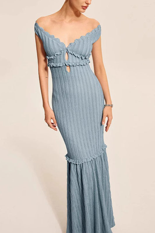 Ribbed Knit Off Shoulder Ruffle Keyhole Mermaid Flare Maxi Dress