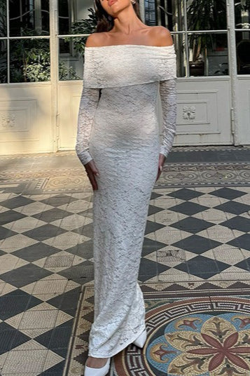 Lace Off Shoulder Long Sleeve Fold Over Panel Column Maxi Gown