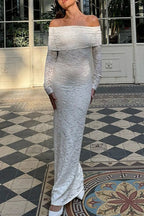 Lace Off Shoulder Long Sleeve Fold Over Panel Column Maxi Gown
