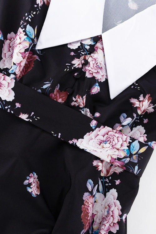 Contrast Collar Puff Sleeve Belted Ditsy Floral Print Midi Dress