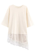 Stylish Round Neck Short-sleeved Patchwork Lace Hem Loose T-shirt