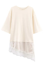 Stylish Round Neck Short-sleeved Patchwork Lace Hem Loose T-shirt