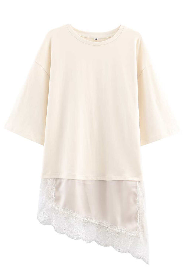 Stylish Round Neck Short-sleeved Patchwork Lace Hem Loose T-shirt