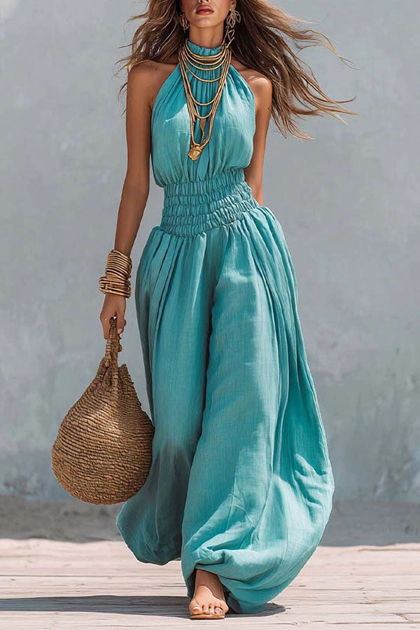 Flowy Smocked Waist Wide-Leg Palazzo Romper