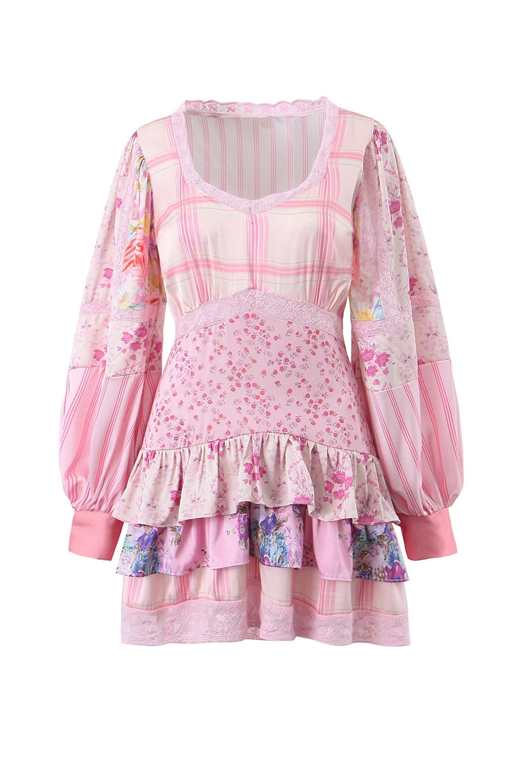 Patchwork Floral Long Sleeve Lace Trim Tiered Ruffle Mini Dress