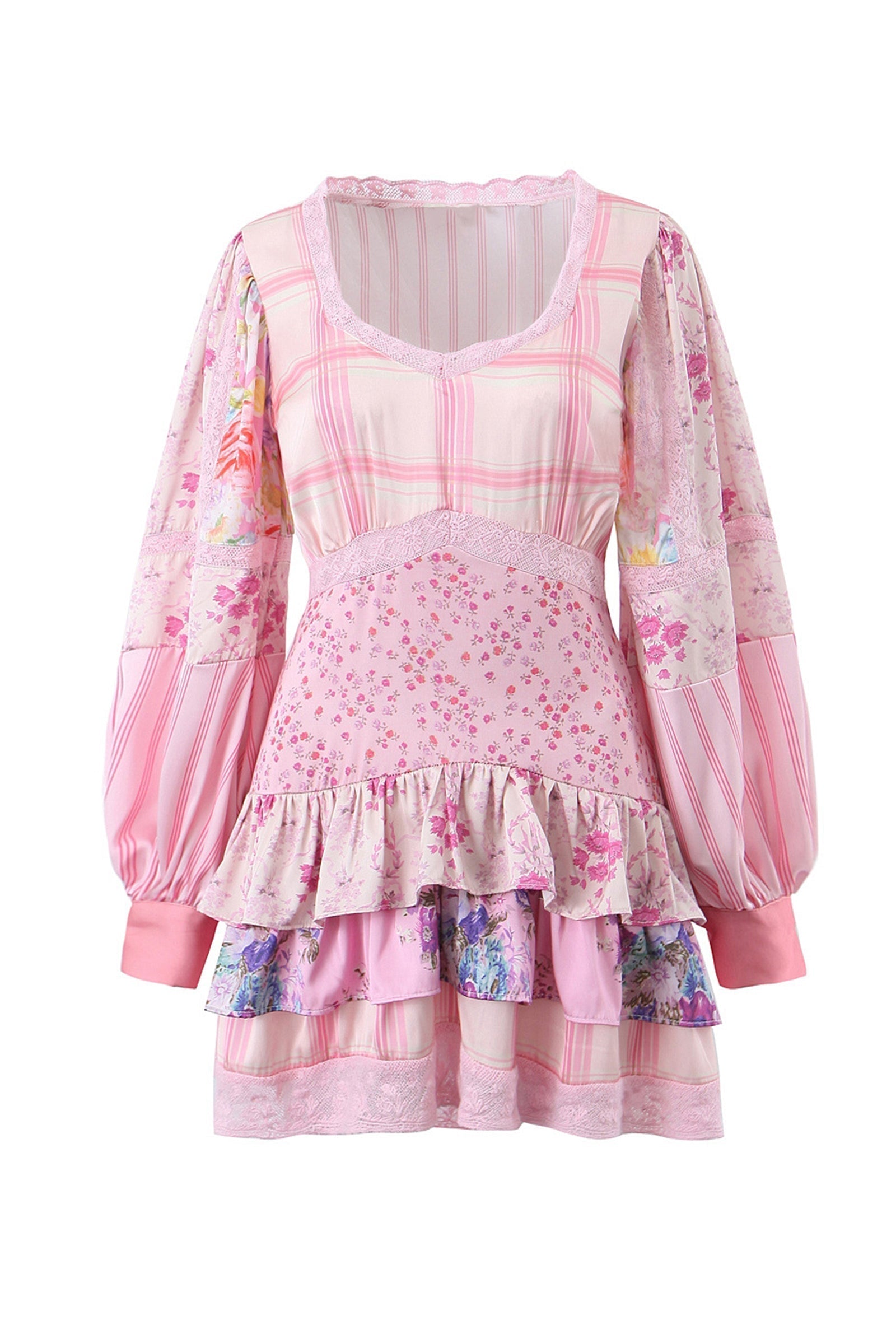 Patchwork Floral Long Sleeve Lace Trim Tiered Ruffle Mini Dress