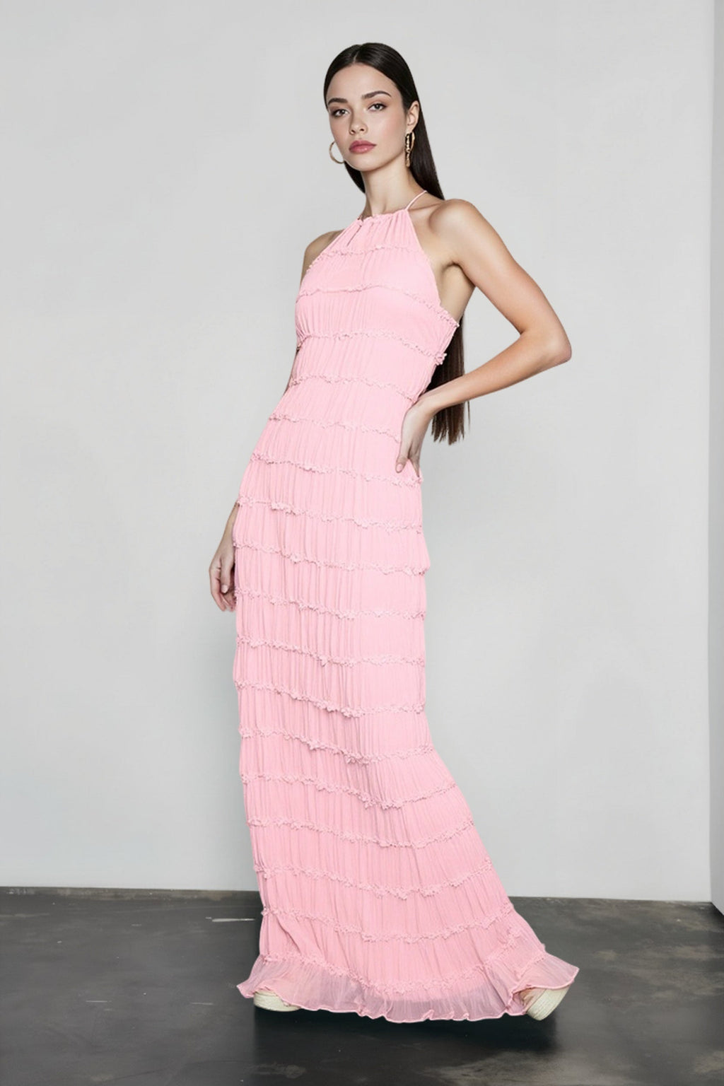 Chiffon Halter Neck Horizontal Tiered Ruched Maxi Dress