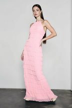 Chiffon Halter Neck Horizontal Tiered Ruched Maxi Dress