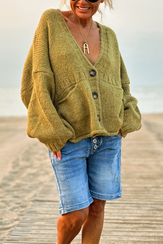 | Solid color loose long sleeve knitted sweater with V-neck and pocket