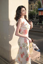 Floral Print Ruffle Strap Deep V-Neck Tie Detail Bodycon Midi Dress