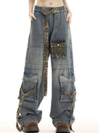 Vintage leopard print multi-pocket straps Cargo Jeans