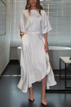 Modern and Elegant Satin Half Wide Sleeve Wrap Style Pocket Slit Loose Maxi Dress