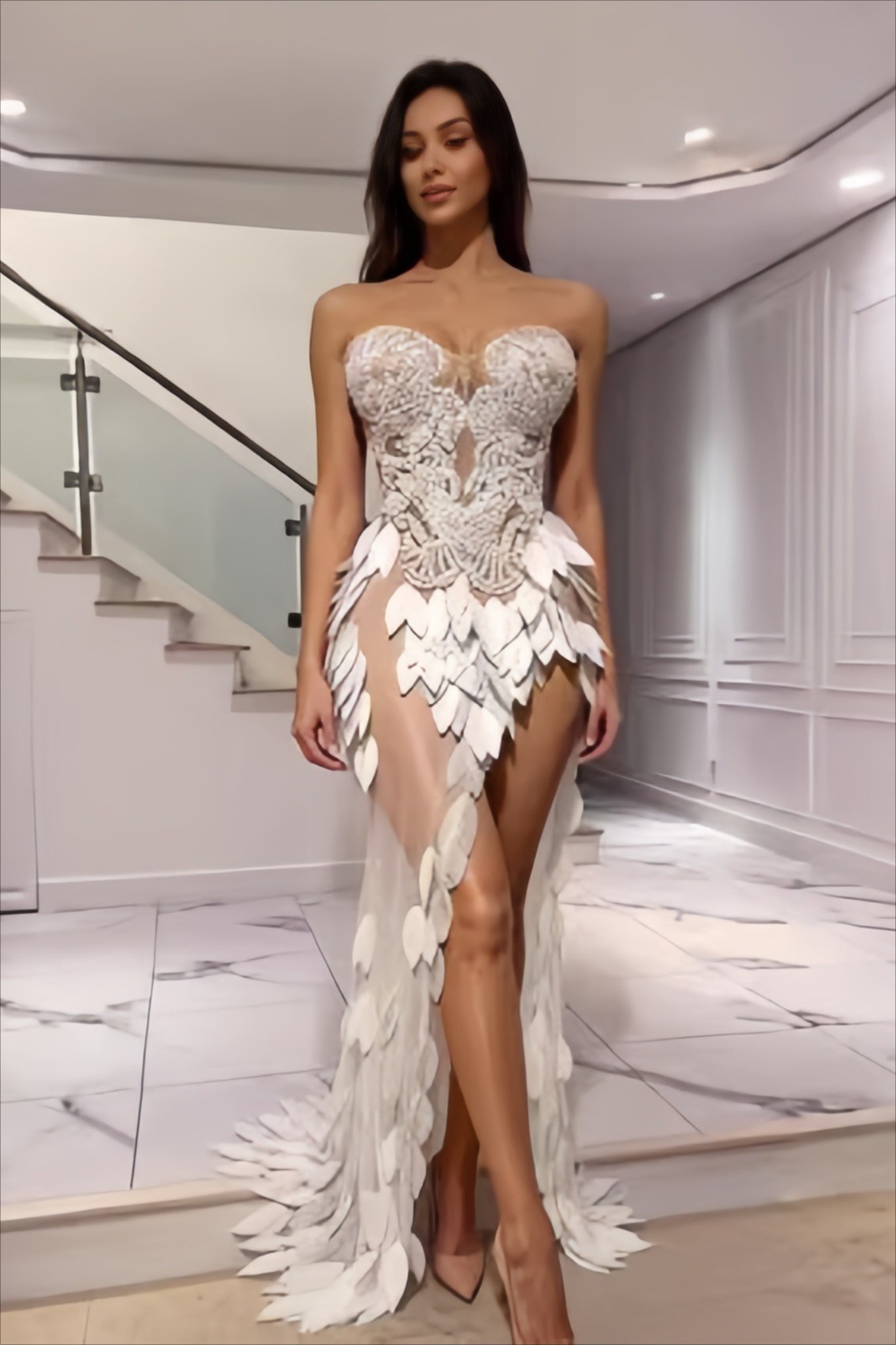 Pearl Embroidered Sequin Leaf Strapless Wedding Dress