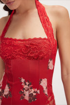 Floral Print Lace Panel Halter Neck High Split Maxi Dress