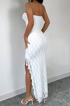 Solid Color Sleeveless Off-shoulder Slim Fit Slit Ruffle Maxi Dress