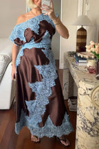 Fashionable Satin Lace Patchwork Asymmetrical Neckline and Fitted Waist Maxi Dress