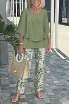 Fashion Round Neck Half Sleeve Loose Top and Elastic Waist Casual Straight Pants Set