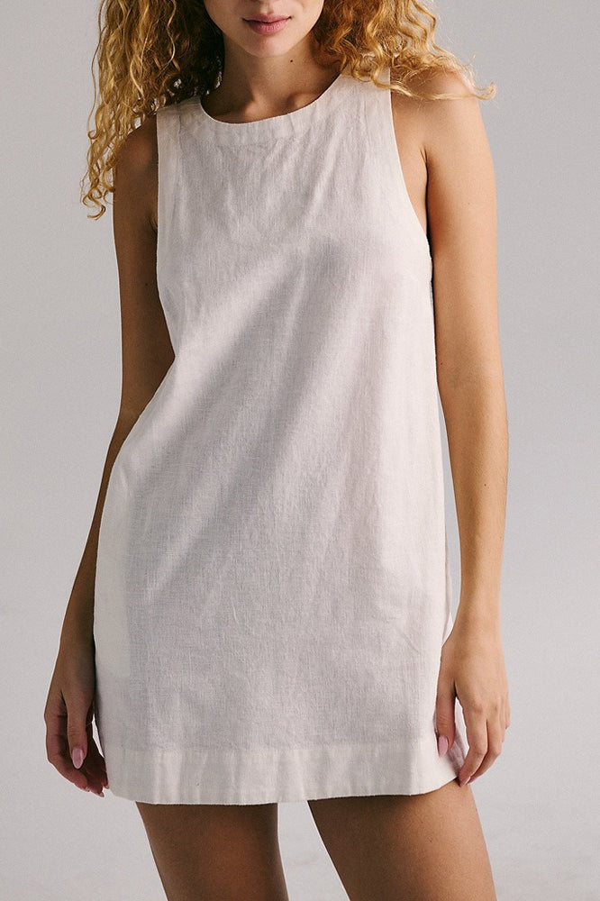 Linen Crew Neck Sleeveless Shift Mini Dress