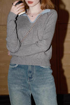 Elegant Grey Ribbed Knit Top