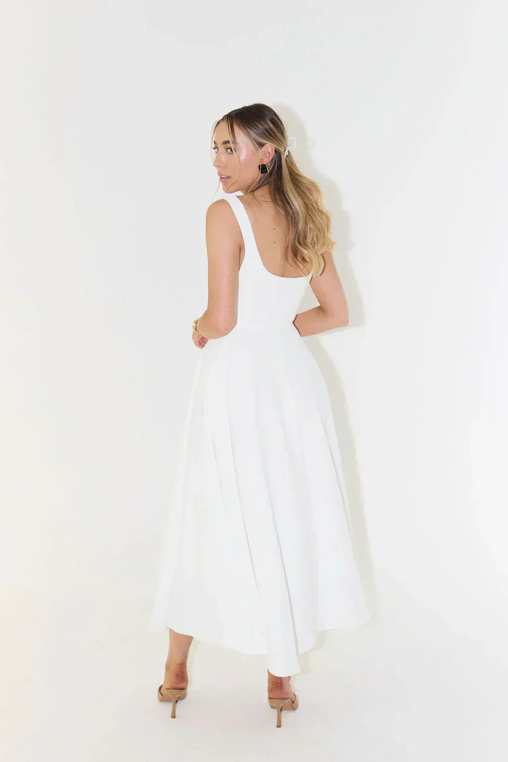 Square Neck Tank Strap Full Box Pleated Fit and Flare Midi Dress