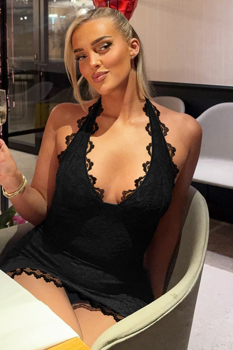 Lace Halter Neck Deep V-Neck Scalloped Hem Bodycon Mini Dress