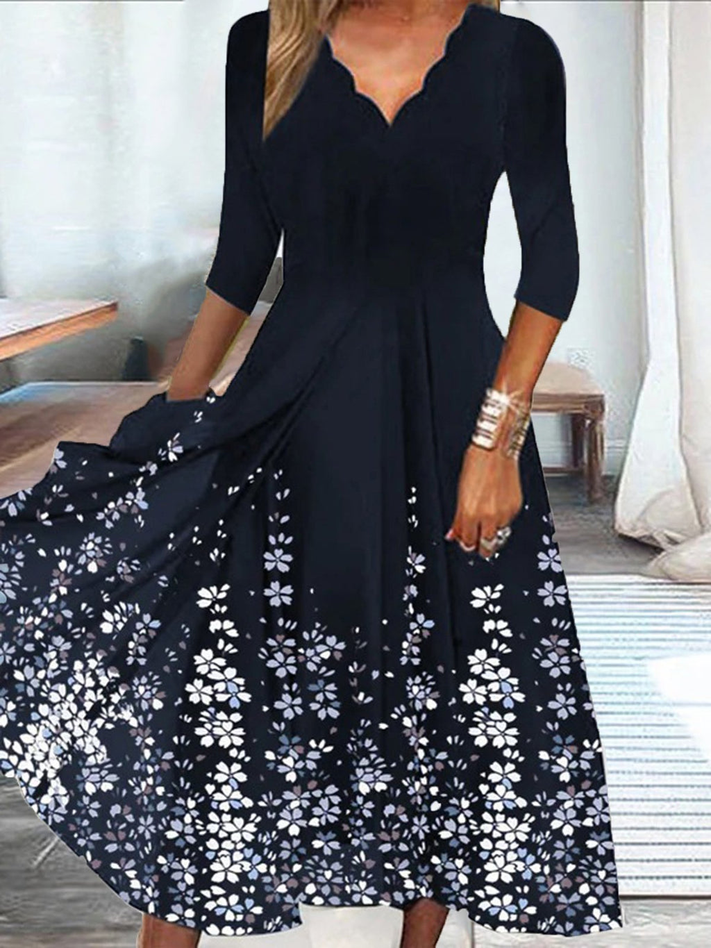 Sabrina Aesthetic Floral V Neck Midi Dress Chic Silhouette Collection