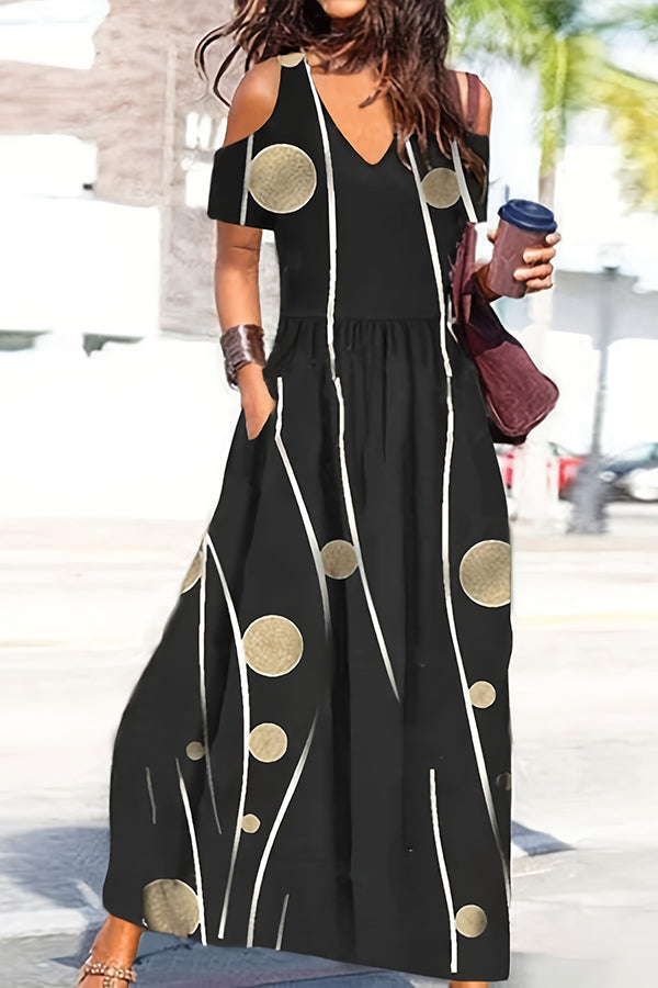 Botanical Print Cold Shoulder V-Neck Pocket Tiered Maxi Dress