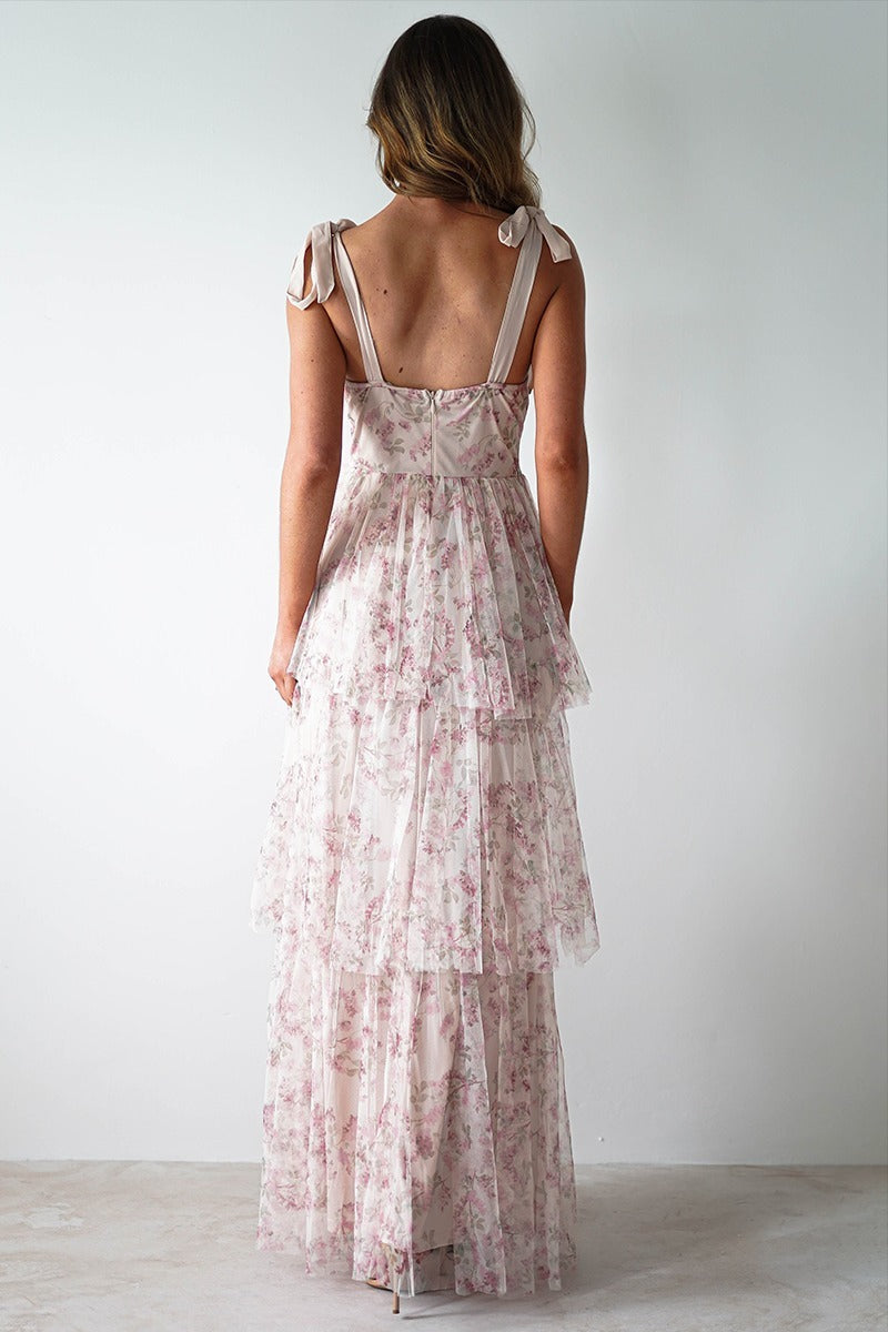 Pink Sweetheart Corset Bow Shoulder Strap Tiered Ruffle Maxi Dress