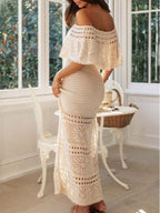 Crochet Off Shoulder Ruffle Overlay Drawstring Tassel Maxi Dress