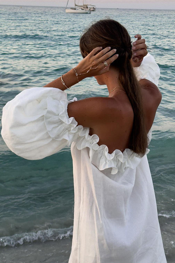 Seaside Street Fashionable Linen Blended Off Shoulder Ruffles Bubble Sleeves Pocket Flute Dress