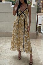 Floral Print Spaghetti Strap Contrast Trim Pleated Maxi Dress