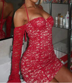 Halter Sweetheart Floral Lace Detachable Sleeve Mini Dress