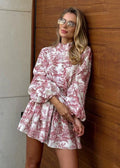 Mock Neck Puff Sleeve Toile Print Button Front Tie Waist Mini Dress