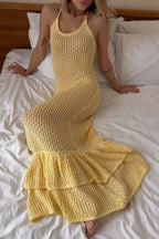 Boho Ruffle Knit Sexy Cutout Sheer Cami Maxi Dress