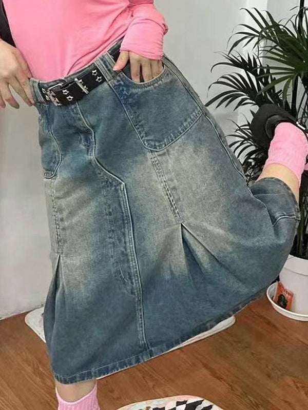 Distressed Pleated Design Midi Skirt