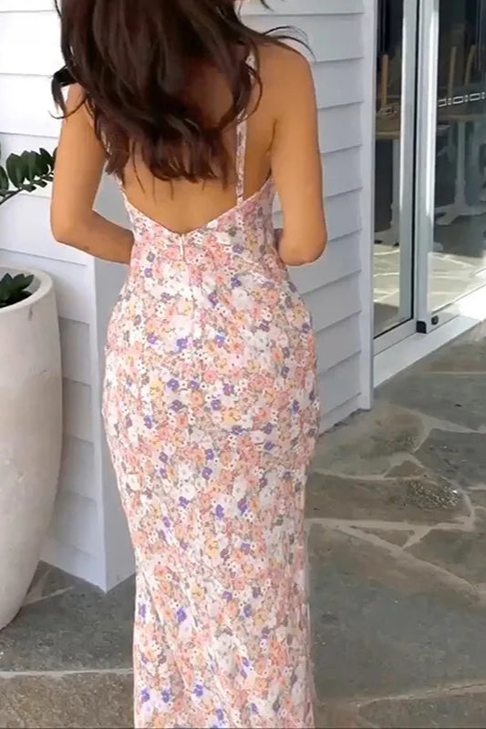 Floral Print Lace Trim Deep V-Neck Spaghetti Strap Slip Maxi Dress