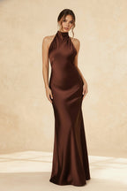 Satin Halter Neck Backless Draped Sash Button Detail Maxi Gown
