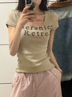 U Neck Letter Print Slim Short Sleeve Knit