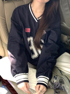 Number Print V Neck Thin Sweatshirt
