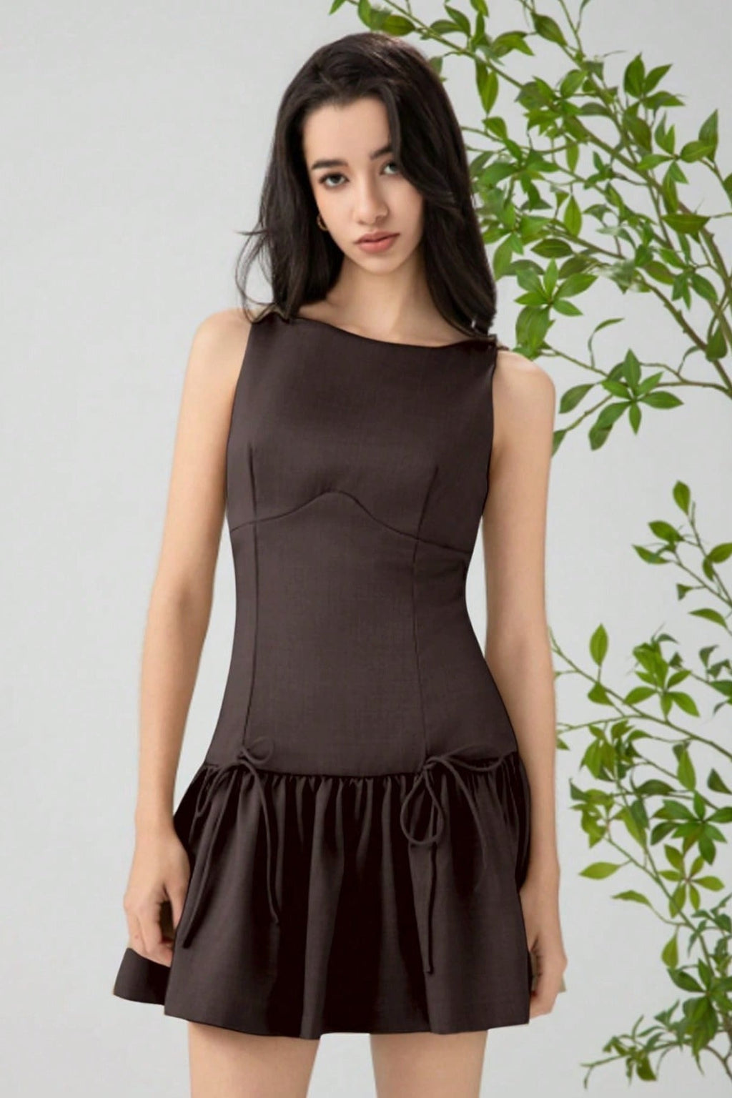 Boat Neck Sleeveless Dropped Waist Bow Detail Pleated Mini Dress