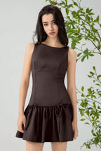 Boat Neck Sleeveless Dropped Waist Bow Detail Pleated Mini Dress