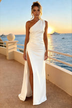 Satin One Shoulder Ruched Waist High Split Maxi Dress