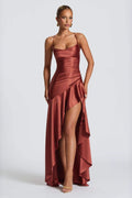 Satin Spaghetti Strap Cowl Neck Ruched High Low Ruffle Maxi Formal Dress