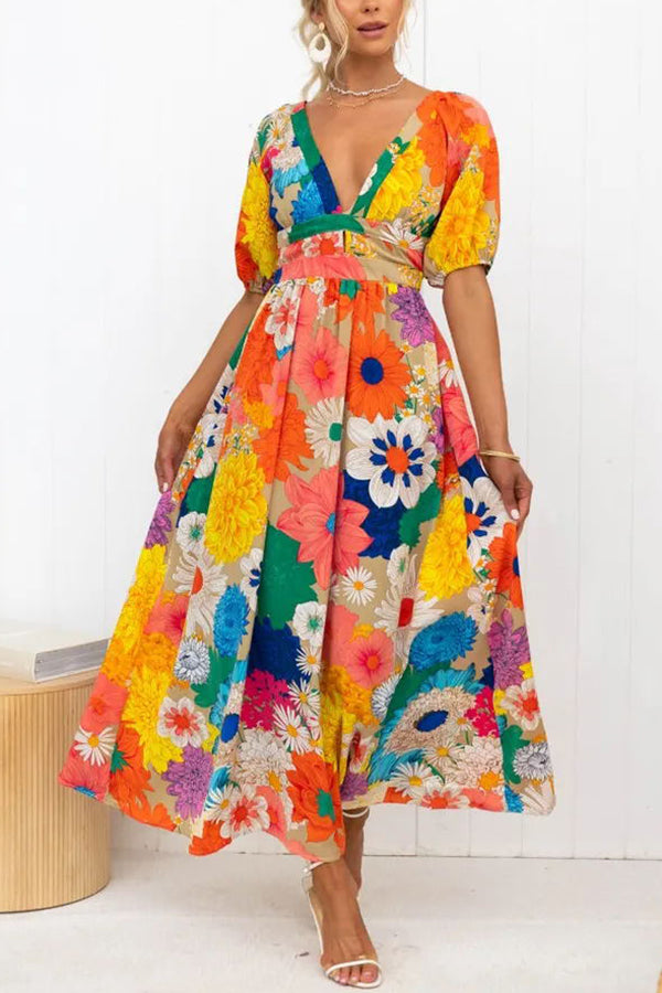 Floral Print Deep V-Neck Puff Sleeve High Waist A-Line Maxi Dress
