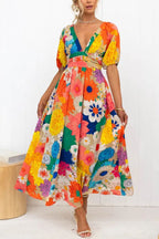 Floral Print Deep V-Neck Puff Sleeve High Waist A-Line Maxi Dress