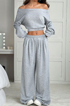 Solid Color Loose Long-sleeved Short Top and Elastic Waist Casual Pocket Wide-leg Pants Set